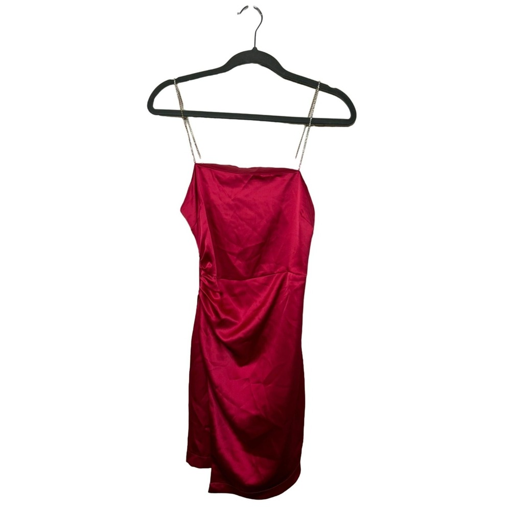 NWT Zara Festive Mini Dress Satin Women's Chain Strap Ruched S‎ 11.5x26 Hot Pink